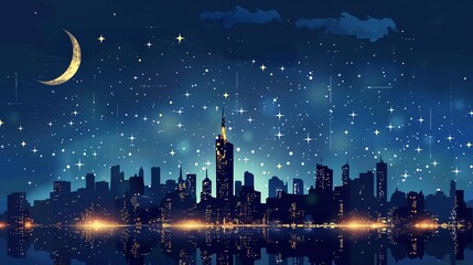 Wall Mural - a city skyline with a crescent moon and stars in the sky above it