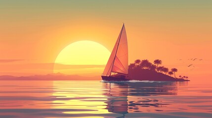 Wall Mural - Vector illustration of sailing boat and beautiful scenic landscape of tropical sea.