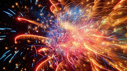 Fototapete - Colorful, radiant light explosion, Dynamic fireworks photography, showcasing the movement and expansion of colorful lights against the dark backdrop