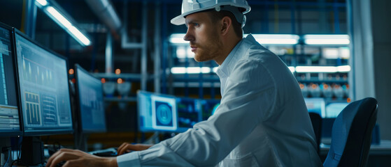 Wall Mural - A determined engineer in a hard hat focuses intently on multiple screens in a high-tech industrial control room.