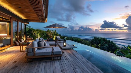 Poster - a deck with a couch and umbrella next to a pool and ocean at dusk