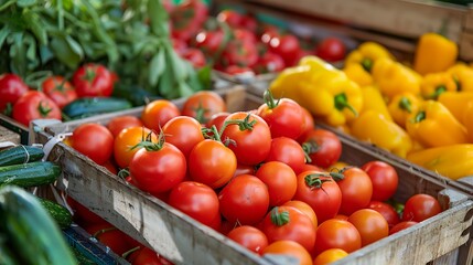 Wall Mural - a bunch of tomatoes and peppers in wooden boxes on display at a market place with other vegetables in the background..