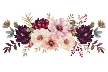 Poster - Delicate floral arrangement illustration, Elegant floral vector design with a variety of blooms arranged in a random bunch on white