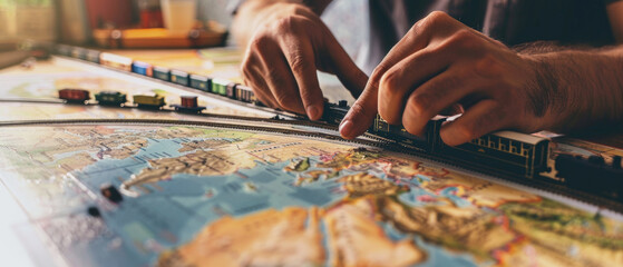 Hands meticulously assembling a model train on a detailed world map, capturing the intricacy of the miniature setup.