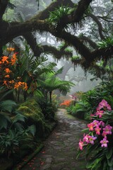 Wall Mural - beautiful colorful flowers in deep tropical rainforest with green plants, moss, ferns.