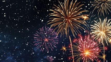 Poster - Colorful bursting fireworks in night sky., Festive vector design portraying the brilliance of fireworks against the contrast of a black night sky