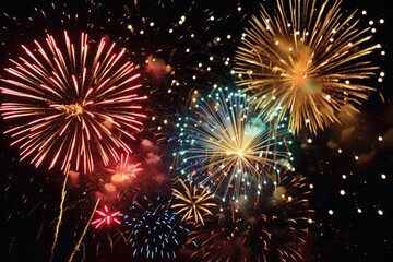 Poster - Colorful bursting fireworks in night sky., Festive vector design portraying the brilliance of fireworks against the contrast of a black night sky