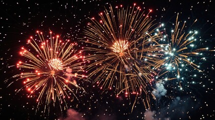 Poster - Colorful, bright night sky fireworks., Festive vector design portraying the brilliance of fireworks against the contrast of a black night sky