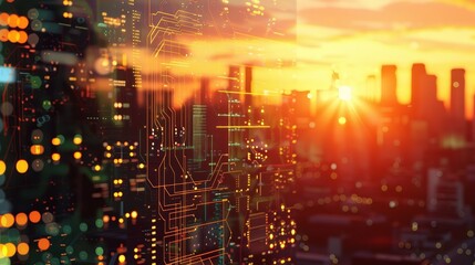 Canvas Print - Close-up view of an electronics factory at sunset,with a double exposure effect creating a silhouetted cityscape and vibrant,glowing circuit board patterns in the foreground.