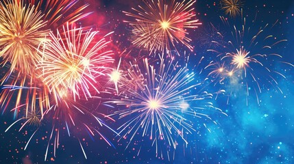 Poster - Vibrant, colorful fireworks display, Illustration of a dazzling fireworks show with radiant bursts against the backdrop of a dark night sky