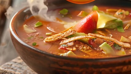 Canvas Print - A close-up view of a steaming bowl of spicy tortilla soup, topped with melted cheese, on a wooden table, A steaming bowl of spicy tortilla soup topped with avocado and crispy tortilla strips