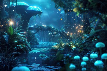 Fototapete - Glowing, mystical fantasy flora, Build a magical forest with bioluminescent plants