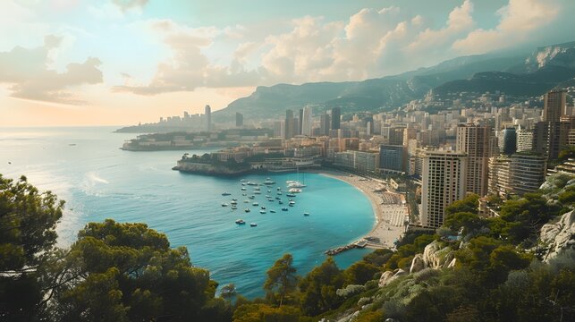 The contrast of Monaco's urban skyline against its natural beaches and greenery, 8k.