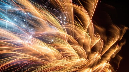 Poster - Bright, fiery sparks; energetic light trails, Long exposure fireworks photography, showcasing the graceful trails and dynamic patterns created by the bursts of light