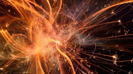 Poster - Bright, fiery sparks; energetic light trails, Long exposure fireworks photography, showcasing the graceful trails and dynamic patterns created by the bursts of light