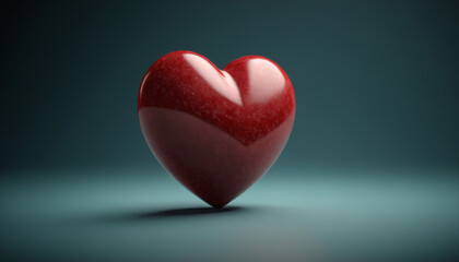 Poster - A single red heart shape, with a glossy finish, sits on a teal background