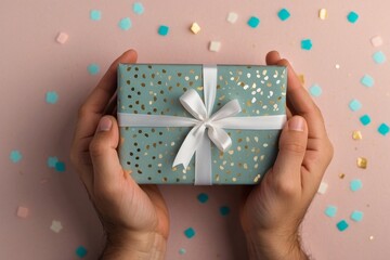 Two hands hold a gift box with a white ribbon and confetti in the background