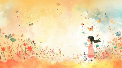 Wall Mural - watercolor painting of little girl, flower and butterfly with copy text space good for wallpaper, de
