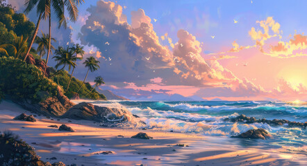 A vibrant sunset over the tranquil beach, with palm trees swaying in the breeze and waves crashing against rocks