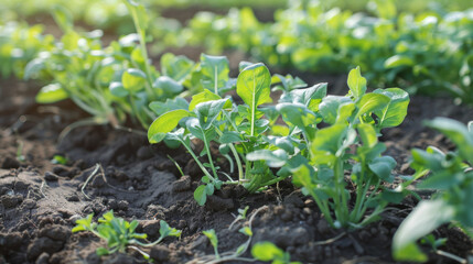 Wall Mural - Tender green seedlings sprout from rich soil, signifying growth and renewal under the morning sun.