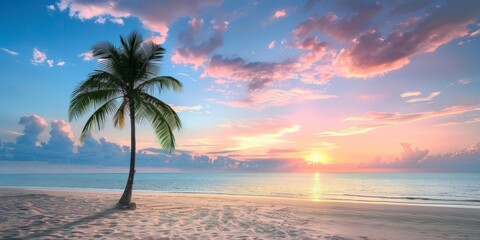 Wall Mural - A palm tree stands tall on a sandy beach, against the backdrop of a sunset sky, representing the essence of a tropical beach vacation.