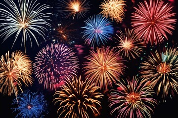 Poster - Colorful, vibrant fireworks display., Vector design featuring a mesmerizing display of fireworks against a deep black sky