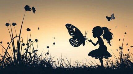 Wall Mural - cute fairy and butterfly silhouette. vector
