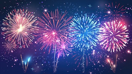 Poster - Colorful, vibrant fireworks display, Vector graphic capturing the magic of fireworks with colorful explosions against the dark night sky