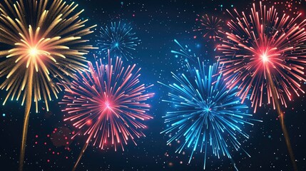 Wall Mural - Colorful, vibrant fireworks display, Vector graphic capturing the magic of fireworks with colorful explosions against the dark night sky