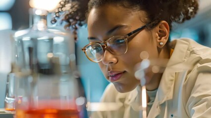 Poster - A woman in a lab coat conducting experiments with scientific equipment in a laboratory setting, A student experimenting with a science project in a laboratory