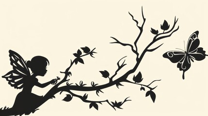 Wall Mural - cute fairy and butterfly silhouette. vector