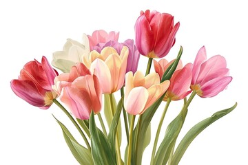 Wall Mural - Vibrant, colorful tulips in bloom, Vector graphic of a beautiful Watercolor Tulip Bouquet against a clean white backdrop