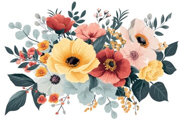 Vibrant floral arrangement, Vector graphic of a charming floral bouquet with assorted flowers against a white canvas