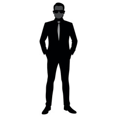 Wall Mural - A business man stand with sun glass vector silhouette, isolated white background