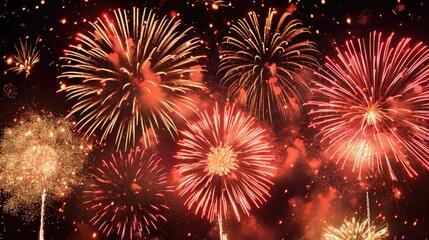 Poster - Bright, colorful fireworks display, Vector illustration of a spectacular fireworks show, painting the black sky with bursts of light