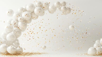 An arch of white balloons with golden shiny confetti, festive decor for a wedding, minimalist design, photorealistic, perfect for wedding backgrounds and copy space