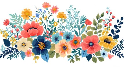 Poster - Colorful floral illustration, Whimsically arranged vector flowers forming an enchanting composition against a white background