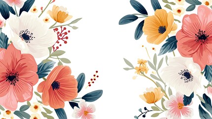 Wall Mural - Colorful floral illustration, Whimsical vector floral composition with assorted blooms, creating a beautiful design on a white backdrop