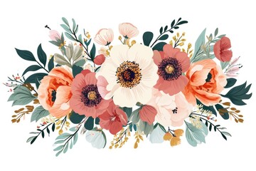 Wall Mural - Colorful floral illustration, Whimsical vector floral composition with assorted blooms, creating a beautiful design on a white backdrop