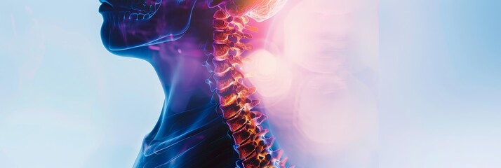 Vibrant Anatomical Silhouette of the Human Spine in Double Exposure with Ethereal Hues - Close-up Focus on the Detailed Structure of the Vertebral Column and Vertebrae in a Moody,Dramatic.