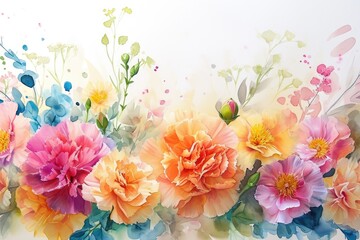 Poster - Vivid, delicate watercolor flowers, Whimsical Watercolor Carnation Bouquet with various blooms against a white canvas