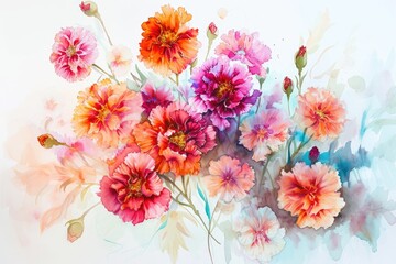 Poster - Vivid, delicate watercolor flowers, Whimsical Watercolor Carnation Bouquet with various blooms against a white canvas