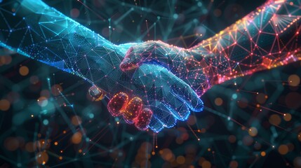 Wall Mural - Abstract brothers handshake on pc monitor background. Online best deal or digital business. Low poly wireframe with polygons, particles, lines, and dots. hyper realistic 
