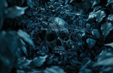 skull surrounded by plants in a dark green forest with leaves mysterious and atmospheric halloween s