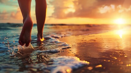 Poster - Low angle view of bare feet of a female walking on sandy beach at sunset