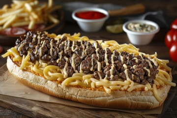 Wall Mural - Hearty Beef and Cheese Sub with Fries on Wooden Board