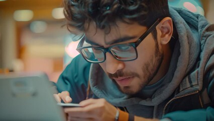 Poster - a man wearing glasses focused on his laptop screen, typing and deep in thought, a student typing on 