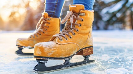 Sticker -  A tight shot of an individual on yellow ice skates, close to a frosted surface Background includes trees and distant blue denim-clad figure in yellow boots