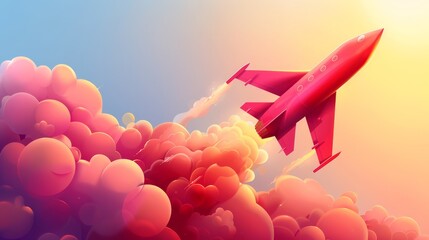 Canvas Print -  A red airplane flies above pink-yellow clouds, against a backdrop of bright blue sky and a radiant yellow sun