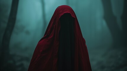 Wall Mural -  A woman in a red cloak stands with her back to the camera in the dark, foggy forest Her face is hidden by the hood